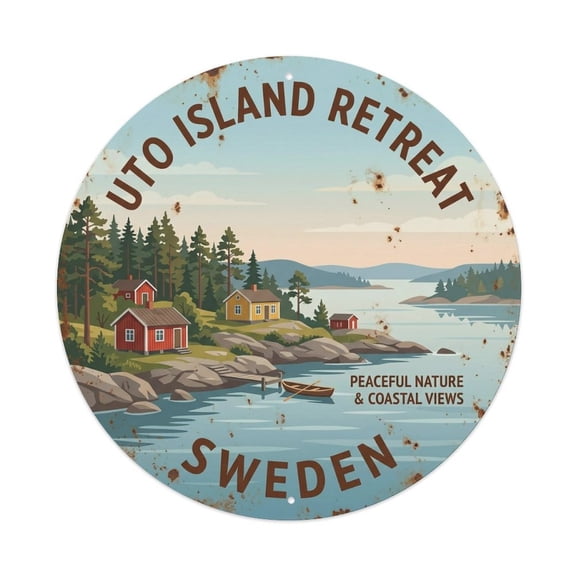 Vintage Travel Uto Sweden Retreat Vintage Metal Tin Sign Plaque Wall Decor for Cafe, Club, Garden Round Metal Poster 8x8Inch