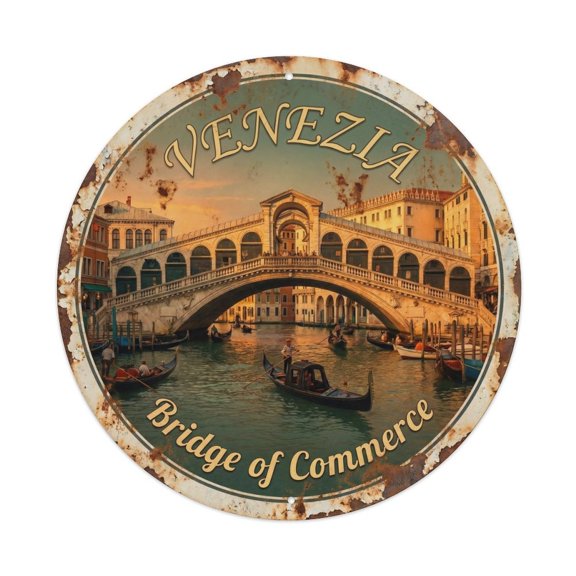 Vintage Travel Venice Rialto Bridge Vintage Metal Tin Sign Plaque Wall Decor for Cafe, Club, Garden Round Metal Poster 8x8Inch