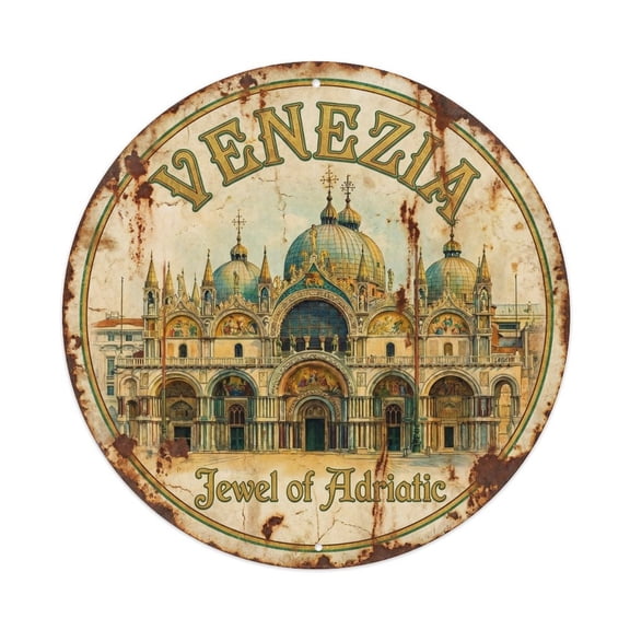 Vintage Travel Venice Saint Mark Cathedral Vintage Metal Tin Sign Plaque Wall Decor for Cafe, Club, Garden Round Metal Poster 8x8Inch