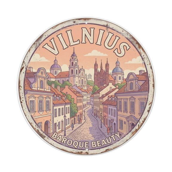 Vintage Travel Vilnius Lithuania Historic Vintage Metal Tin Sign Plaque Wall Decor for Cafe, Club, Garden Round Metal Poster 8x8Inch