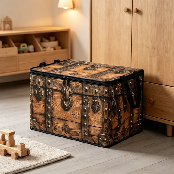 Vintage Treasure Chest Storage Box 19.7" Foldable Fabric Storage Bin with Lid for Clothing Books Home Decor