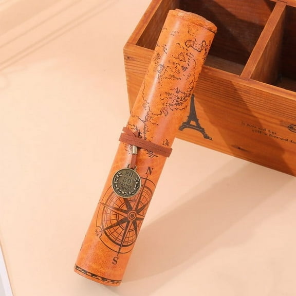 Vintage Treasure Map Leather Roll-Up Pencil Case | Large Capacity Stationery Pouch for Students & Artists | Durable Leather Makeup Brush Organizer
