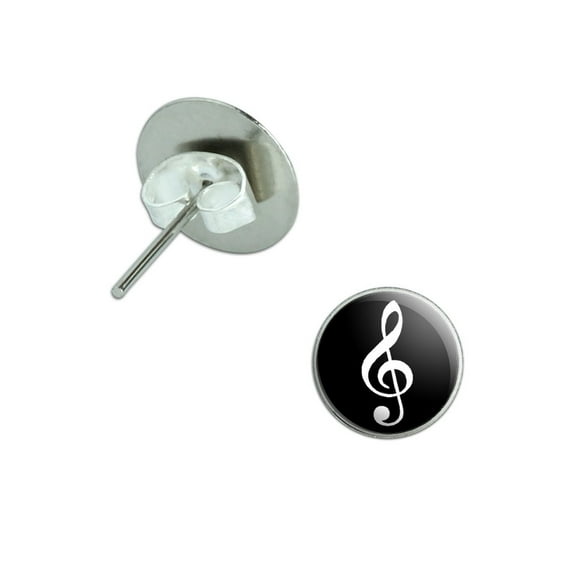 Vintage Treble Clef Music Black Pierced Stud Earrings