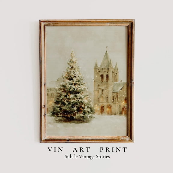 Vintage Tree Church Print, Winter Village Scene Home Decor #54, Unframed Poster Size 8x12