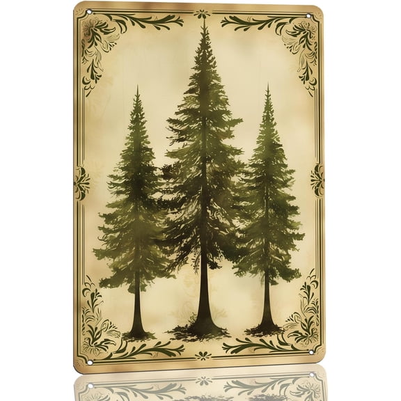 Vintage Tree Design Metal Tin Sign, Winter Pine Cedar Wall Decor, Indoor Outdoor, Pre-Drilled Hole, 8 x 12 Inch