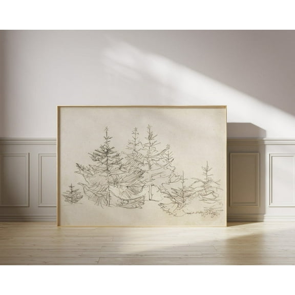 Vintage Tree Drawing, Winter Trees Sketch, Horizontal Print, Evergreen Print, Minimalist Print, Forest Drawing, Antique Print Wall Art, Modern Wall Decor, 12x18 UNFRAMED
