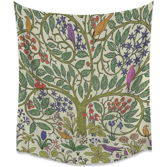 Vintage Tree of Life Bird Floral Art Print Tapestry William Morris Style Botanical Wall Art Decor For Living Room Bedroom Study Library Home Officewhite30x40inch