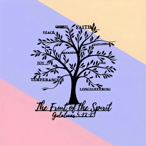 Vintage 'Tree of Life' Metal Wall Art Engraved with The Inspiring Fruit of The Spirit Scripture Elegant Mural Is A Meaningful Easter Christmas Thankgiveing Decor. An Uplifting Gift