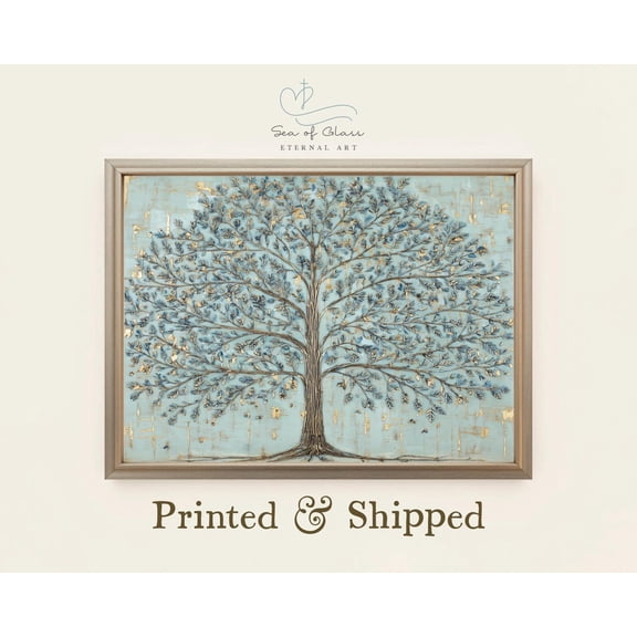 Vintage Tree of Life Wall Art Poster Robin’s Egg Blue and Gold Textured Tree Artwork, Cottagecore Nursery Wall Decor, Rustic Nature Print Poster, Unframed Poster Size 16x24 F03.1.18l1578