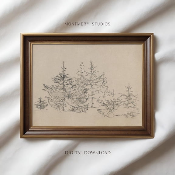 Vintage Tree Print Poster, Pine Tree Sketch Print Poster , Tree Drawing, Rustic Trees, Antique Winter Print Poster W77, Unframed Canvas Size 8x12 F03.1.19l325