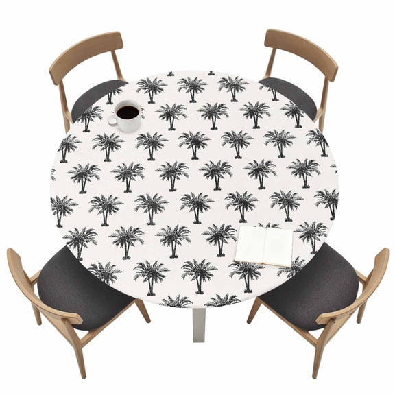 Vintage Tree Round Fitted Tablecloth with Elastic Edge Date Tree Tropical Plants Retro Beige Background Table Cover Fit for 55"-60" Tables Waterproof Tablecloths for Dinner Camping Picnic