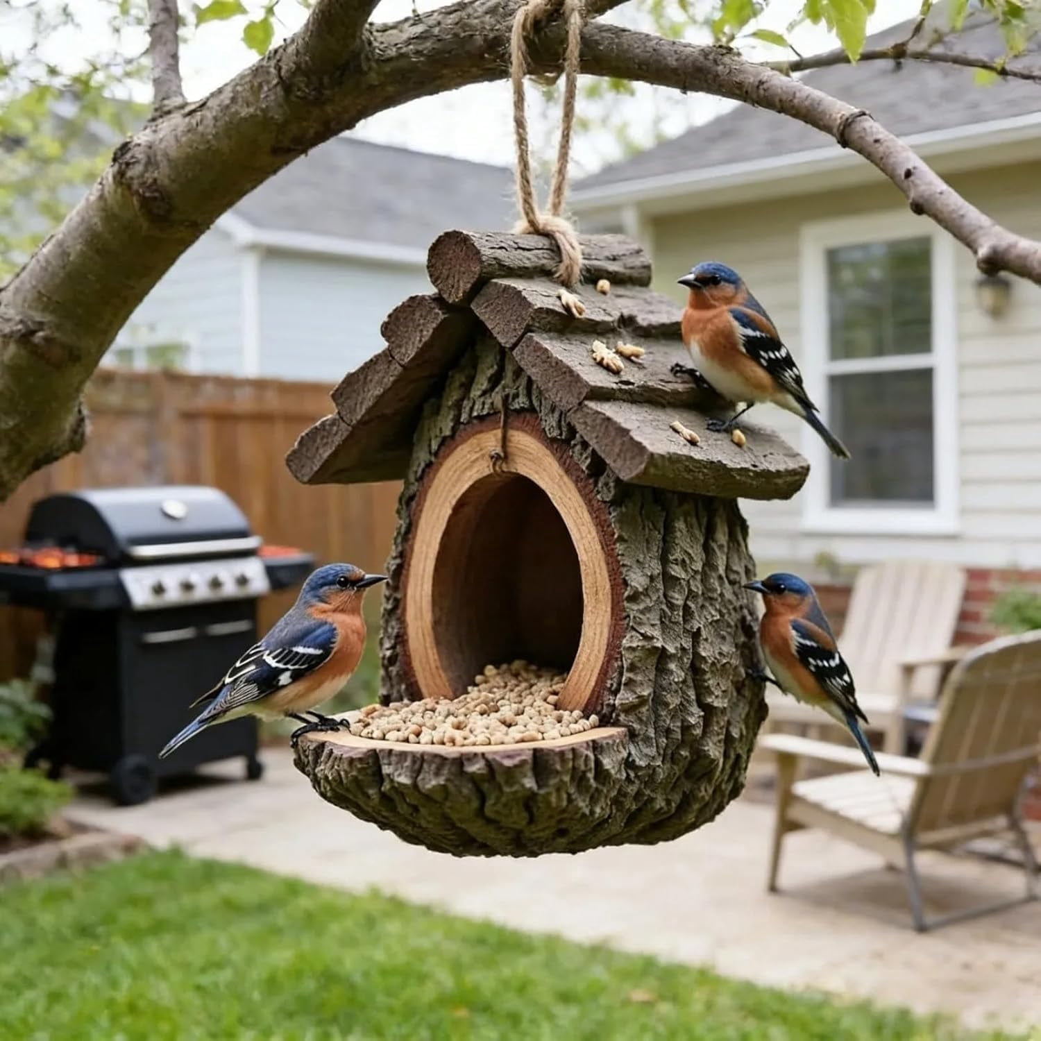 Vintage Tree-Shaped Bird Feeder - Waterproof Resin Hanging Birdhouse with Open Design, for Outdoor Garden, Patio, Yard Decoration (Khaki,1Pcs, B)