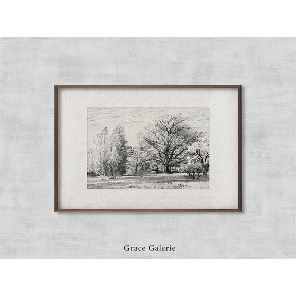 Vintage Tree Sketch, Landscape With Trees, Vintage Etching, Neutral Grey Wall Art, Vintage Sketch Art, Soft Deco, Art 2136 UNFRAMED Poster, 8x12