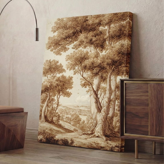 Vintage Tree Sketch Poster Antique Landscape Wall Art Sepia Forest, Unframed Poster