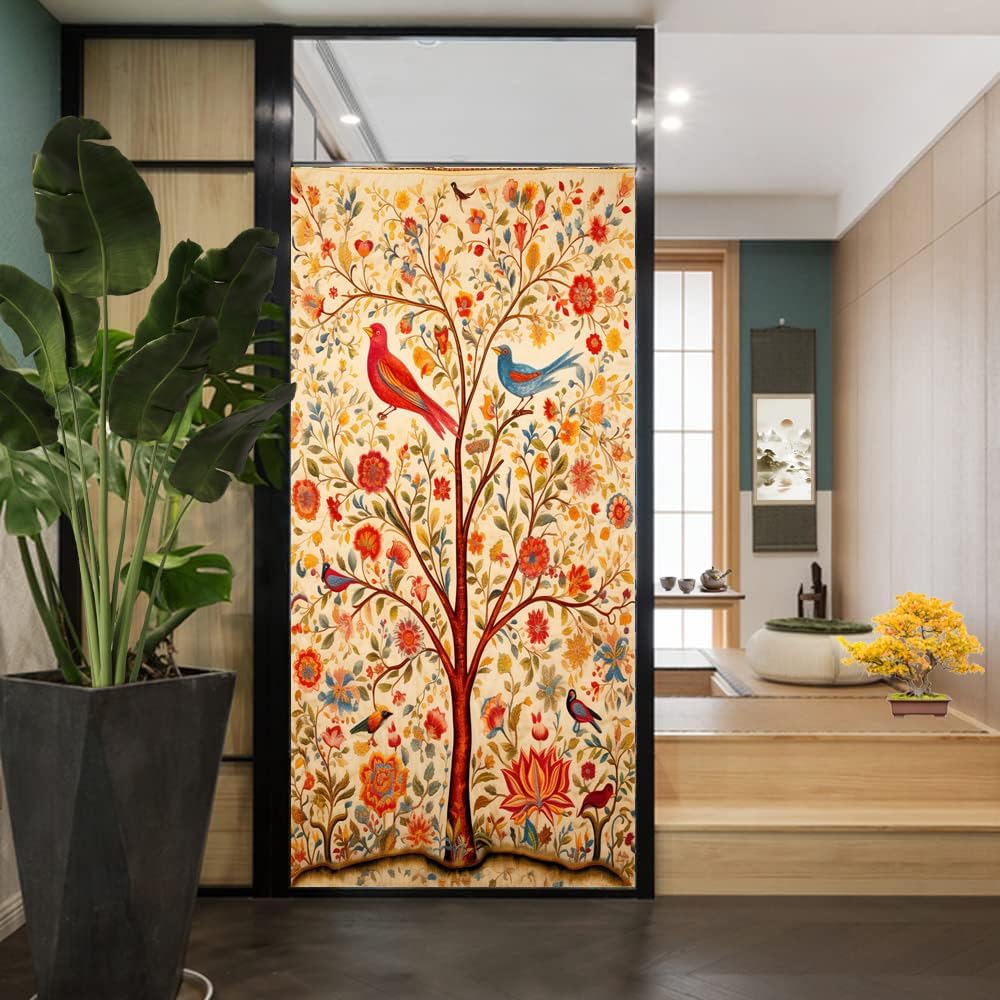 Vintage Tree Stained Glass Window Film Farmhouse Rustic Flowers Bird Window Privacy Film Non