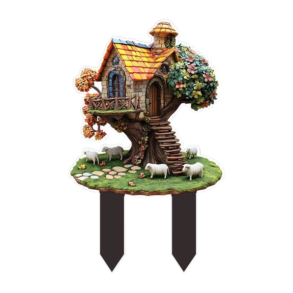 Vintage Tree Stump Fairy House Yard Stake Outdoor Garden Lawn Decor Rustic Elf Cabin Ornament Weather Resistant Forest Landscape Decoration For Backyard Patio Flower Bed Farm Lawn