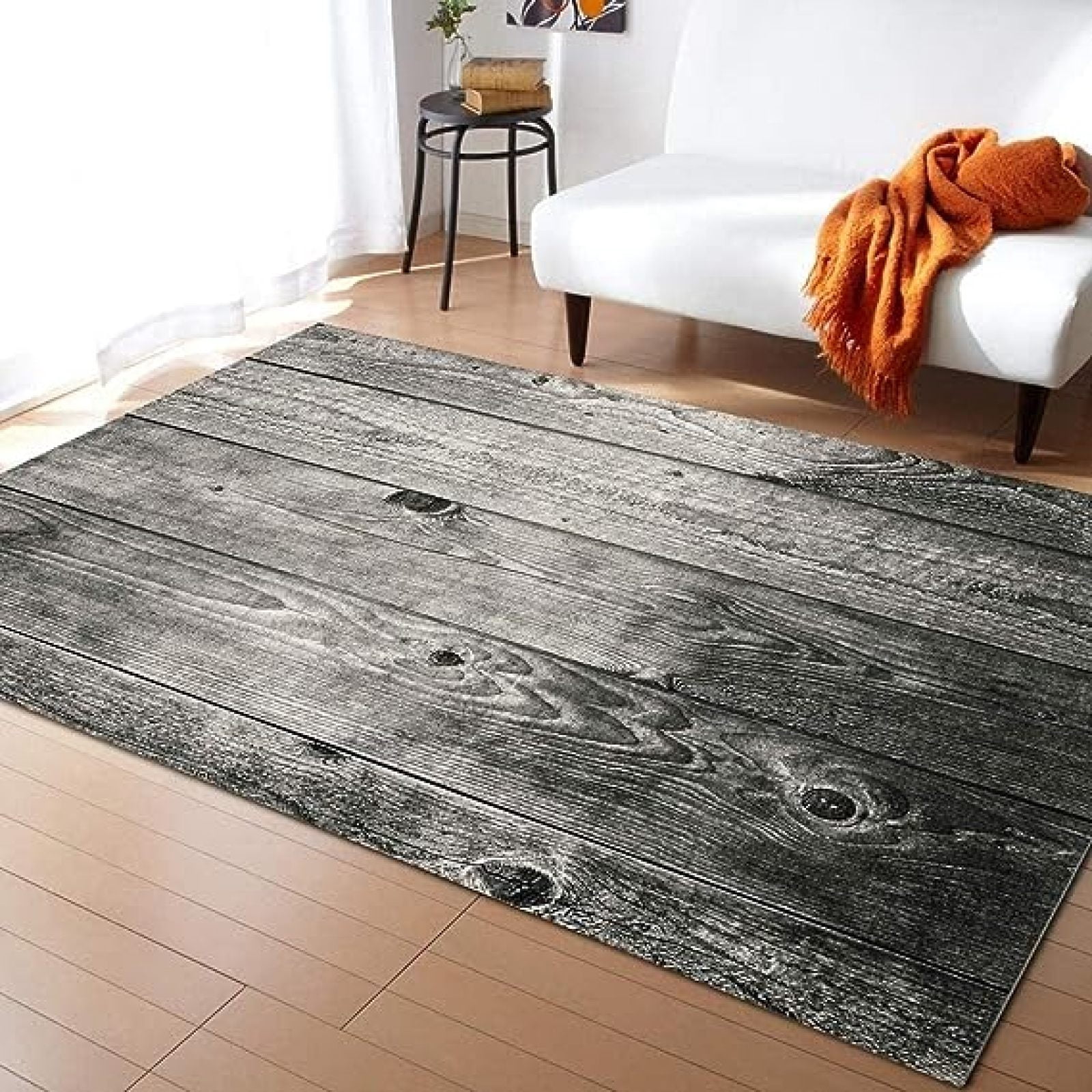 Vintage Tree Trunk Plank Antique Wood Area Rugs, Black Gray Distressed