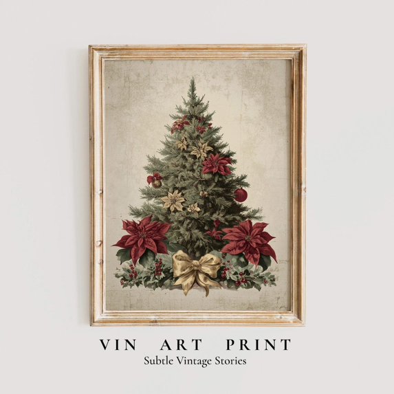 Vintage Tree Wall Art, Victoriandecor, Rustic Botanical Print, Poinsettia Home Art Home Decor #279, Unframed Poster Size 16x24