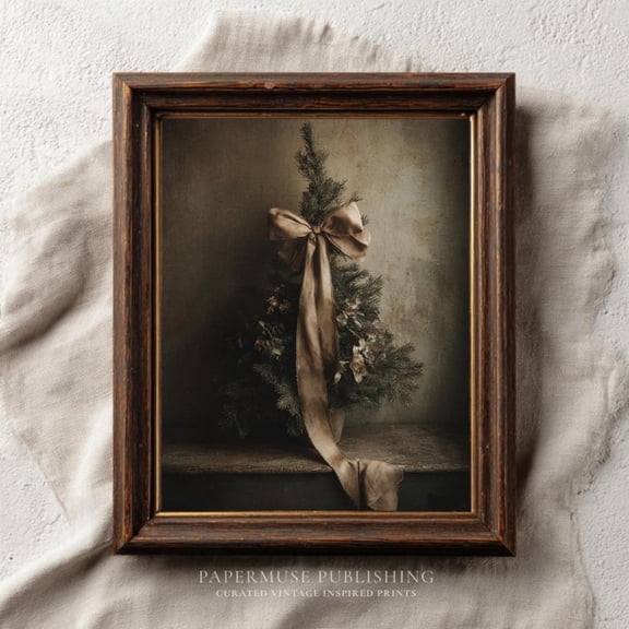 Vintage Tree With Ribbon, Rusticwall Art, Old World Decor, Antique Winter Tree ,, Unframed Poster Size 8x12