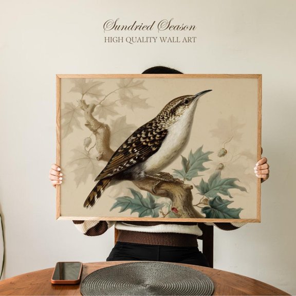Vintage Treecreeper Bird Antique Woodland Oak Leaves Rustic Nature Decor, Unframed Paper Poster 8x10in