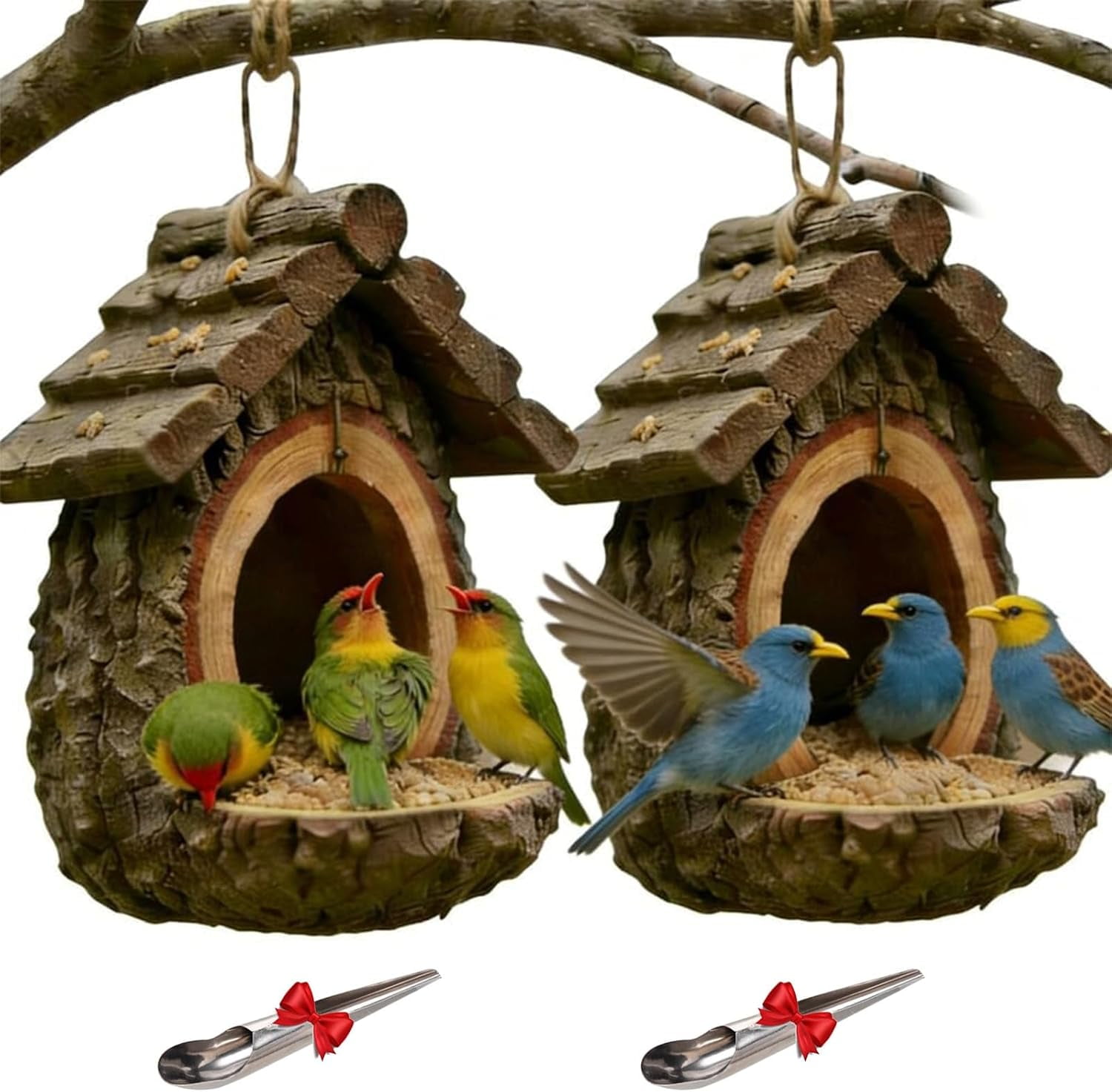 Vintage Treehouse Shape Bird Feeder, House Shape Bird Feeder for Outdoors Hanging - This House Will Feed Bird, Large Capacity Wildfeeding Station for Decorative Yard Patio Lawn Garden(2PCS)