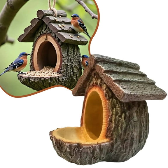 Vintage Treehouse Shape Bird Feeder, Open Design Feeding Birdhouse, Hummingbird Squirrel Viewing Feeding for Window Outside Balcony Garden Fence
