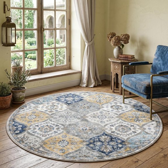 Vintage Trellis 5ft Round Rug Washable Living Room Rug Non Slip Low Pile Circle Rugs for Bedroom Soft Indoor Round Carpet Non-Shedding Stain Resistant Round Mat for Kids Room Nursery Yellow