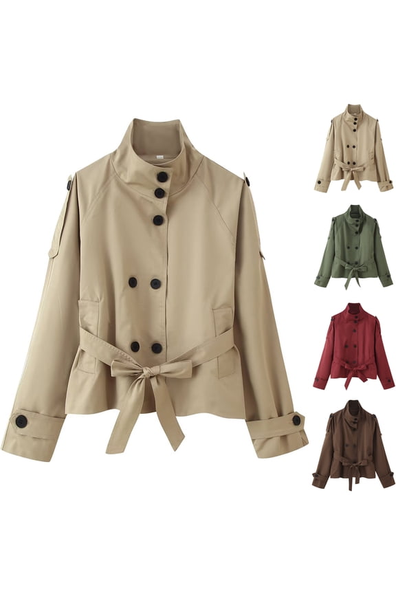 Vintage Trench Coat for Women Trendy Turtleneck Crop Jacket with Pockets Long Sleeve Spring Fall Outerwear Khaki S