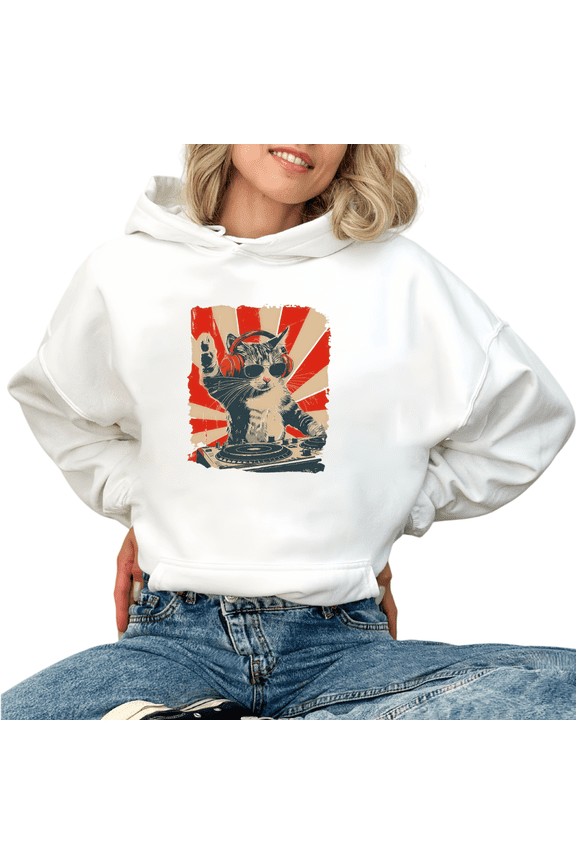 Vintage Trendy DJ Cat Mixing Music Theme Graphic Sweatshirt Print Hoodie White S-2XL Comfy Oversized Casual Daily Pullover Tops