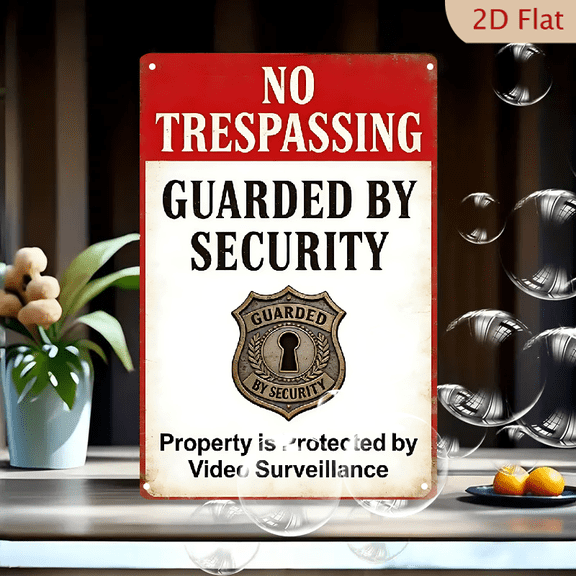 Vintage No Trespassing Sign Art, 8x12 Inch Metal Tin Wall Decor Featuring Guarded by Security Badge & Video Surveillance Warning for Home Office Farmhouse Industrial Style
