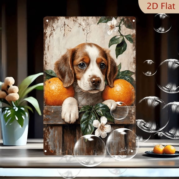Vintage Tri-Color Puppy with Oranges and Plumeria Flowers, Rustic Wooden Crate Art, Painterly 8x12in Metal Wall Decor for Home Office Farmhouse Style