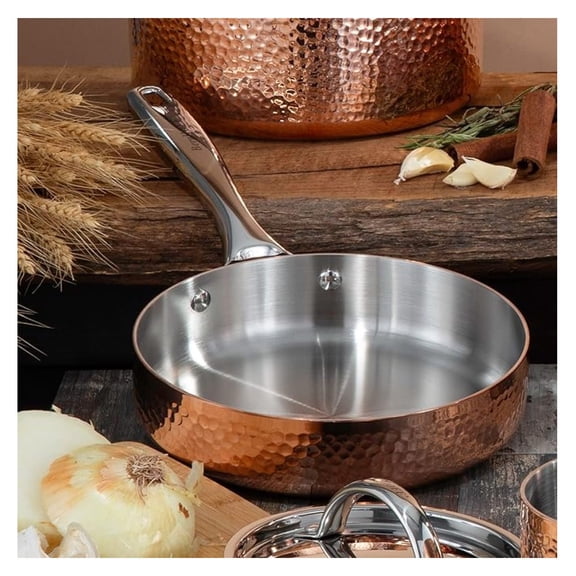Vintage Tri-Ply Copper 8in Deep Skillet, Hammered, Long Ergonomic Shaped Handle, 3-layer Base,