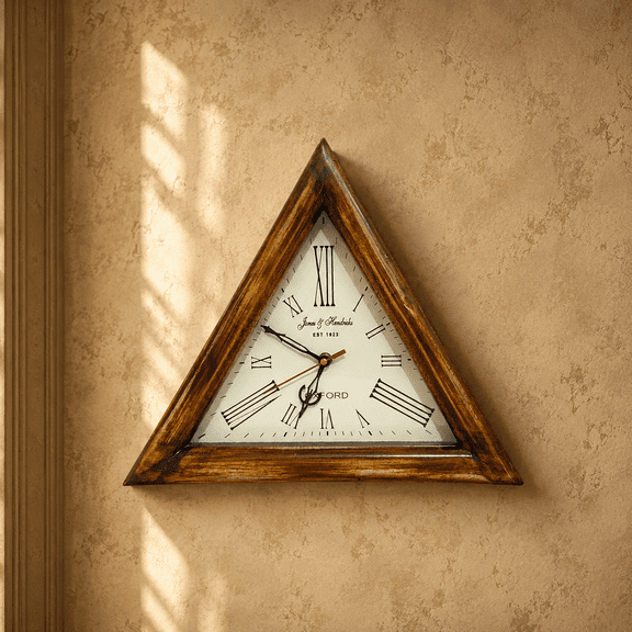 Vintage Triangular Wooden Wall Clock, Rustic Roman Numeral Wall Decor, Farmhouse Triangle Clock for Living Room, Office & Study