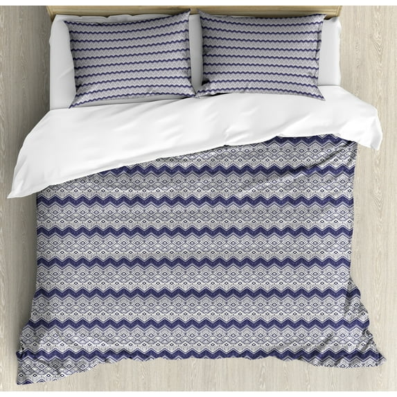 Vintage Tribal Duvet Cover Set, Monochromatic Pattern of Zigzags Dots and Rhombuses in Aztec Style, Decorative 3 Piece Bedding Set with 2 Pillow Shams, Calking Size, Indigo and Ivory, by Ambesonne