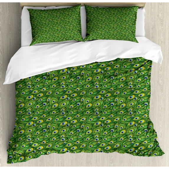 Vintage Tribal Duvet Cover Set, Peacock Feather in Cartoon Style, Decorative 3 Piece Bedding Set with 2 Pillow Shams, King Size, Fern Green Earth Yellow, by Ambesonne