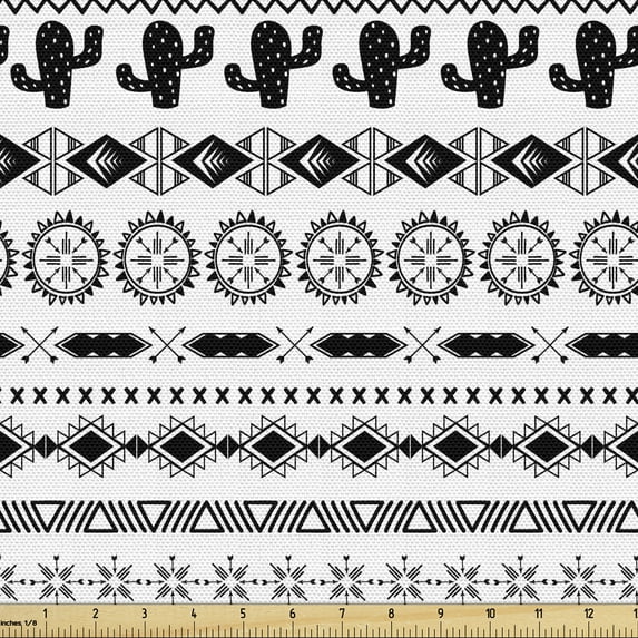 Vintage Tribal Fabric by the Yard, Monochrome Inspired Motifs Repetition as Horizontal, Upholstery Fabric for Dining Chairs Home Decor Accents, 10 Yards, Charcoal Grey White by Ambesonne