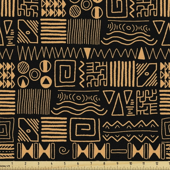 Ambesonne Vintage Tribal Fabric by the Yard Upholstery, Aboriginal Drawings, 3 Yards, Pale Orange Black