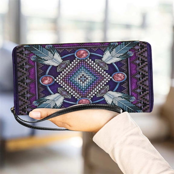 Vintage Tribal Feather Wristband Wallet for Women Versatile Commuter Small Leather Ph Bag Portable Card Holder Purse