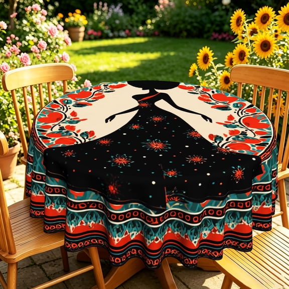 Vintage Tribal Floral Accent Woman Silhouette 2D Print Round Tablecloth, Stylish Table Cover for Kitchen Patio Garden Holiday Parties, Housewarming Gift