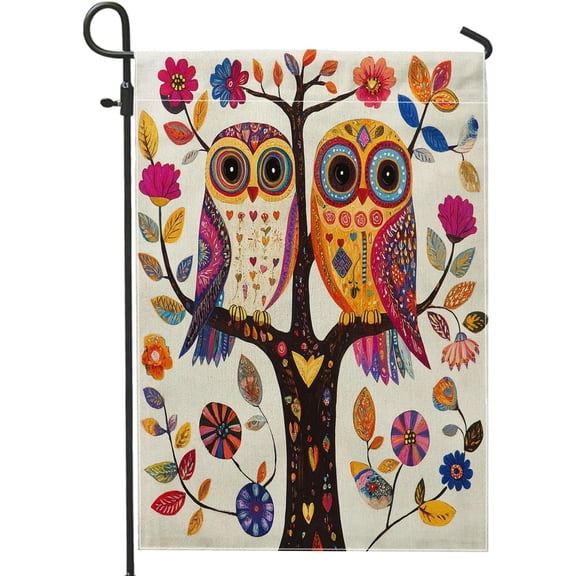 Vintage Tribal Owl Garden Flag 12x18 Inch Double Sided Colorful Bohemian Floral Tree Design Standard Burlap Lawn Flag for Outdoor Garden and Backyard Decor