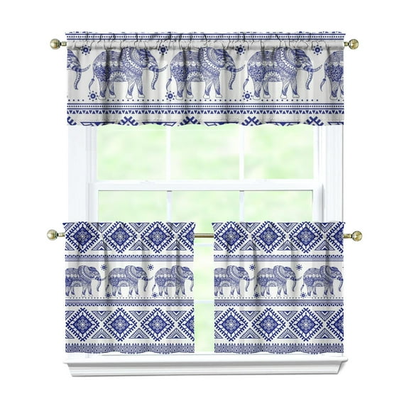 Vintage Tribal Print Kitchen Curtains Set - 3 PC Boho Elephant & Paisley Tier Panels with Valance, Semi-Sheer Rod Pocket Window Treatment Farmhouse