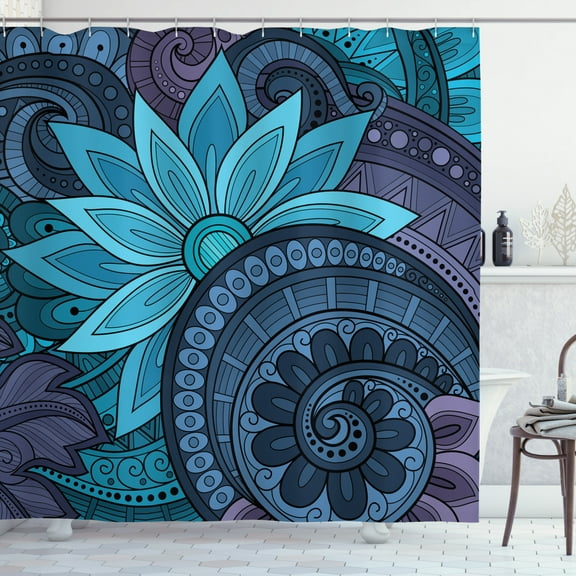 Vintage Tribal Shower Curtain, Continuous Flowers Doodle Blue Toned Composition Blossoming Nature, Fabric Bathroom Set with Hooks, 69W X 75L Inches Long, Sky Blue and Violet, by Ambesonne