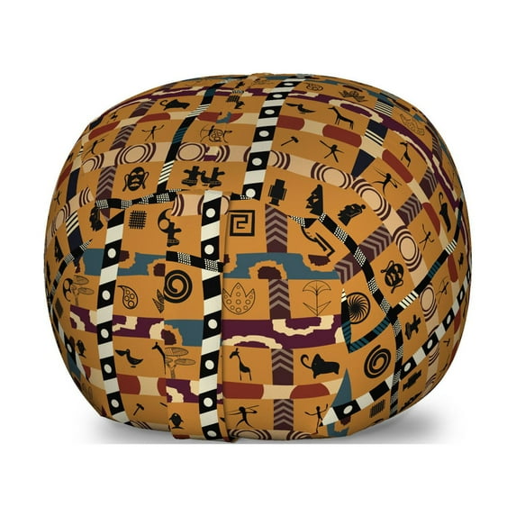 Vintage Tribal Storage Toy Bag Chair, Repeating Pattern of Prehistoric Art Style Human Animal Botany, Stuffed Animal Organizer Washable Bag, Small Size, Amber and Multicolor, by Ambesonne