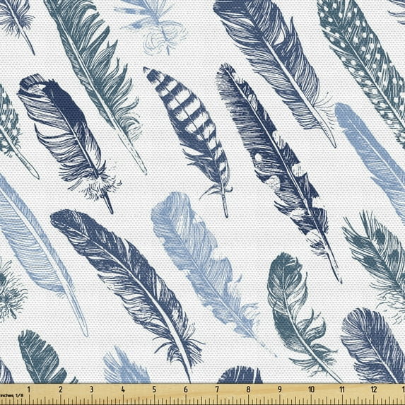 Ambesonne Vintage Tribal Fabric by the Yard Upholstery, Feather in Aqua Hues, 1 Yard, White Teal and Blue Grey
