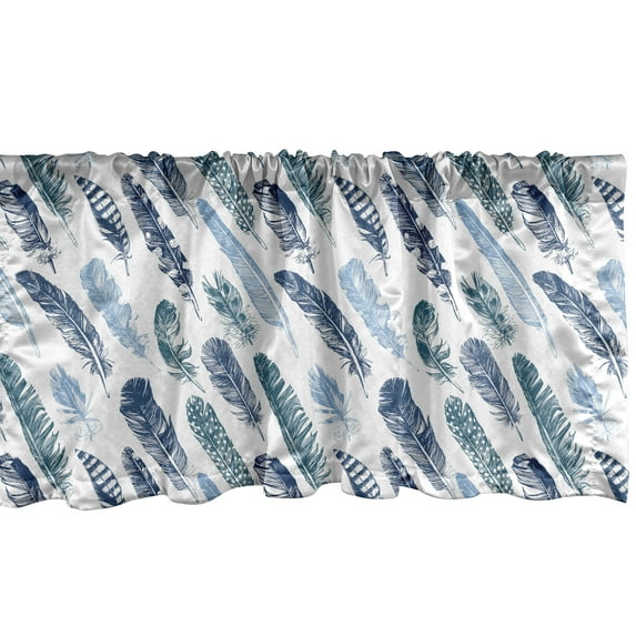Vintage Tribal Window Valance, Sketch Drawn Boho Feather Theme Monochrome Composition Print, Curtain Valance for Kitchen Bedroom with Rod Pocket, 54" X 18", White Teal and Blue Grey, by Ambesonne