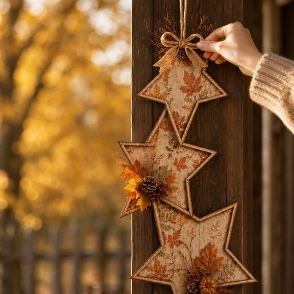 Vintage Triple Star Hanging Decor, Handcrafted Wooden Star Decoration with Fall Leaves for Home Wall and Door Display