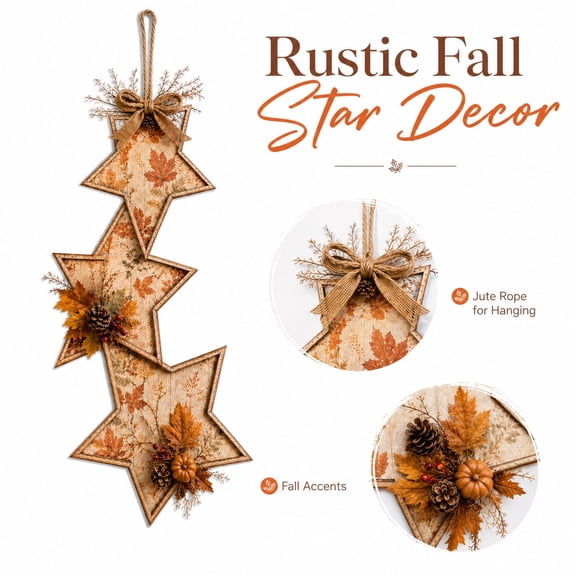 Vintage Triple Star Hanging Decor, Rustic Wooden Star Ornament for Front Door and Wall, Fall and Christmas Seasonal Decoration