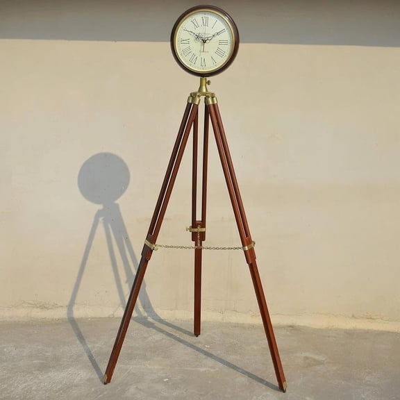 Vintage Tripod Floor Clock, Wooden Stand with Roman Numeral Dial