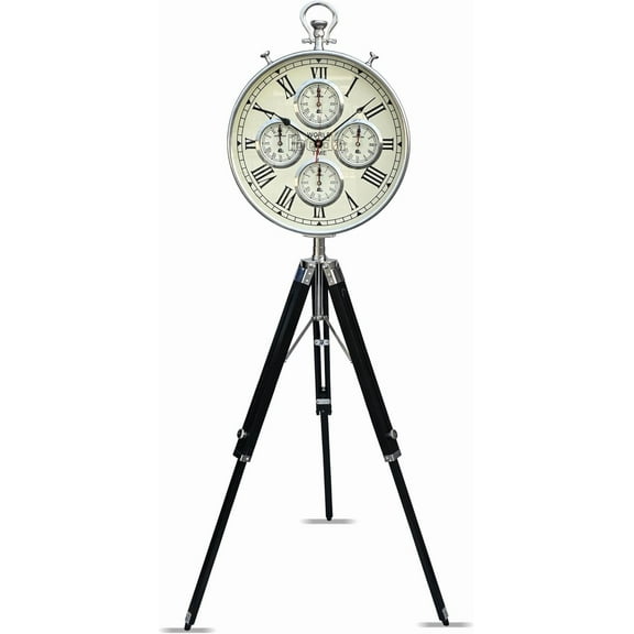 Vintage Tripod Floor Standing World Time Clock Roman Numerals | Classic Metal Design | Home & Office Decor