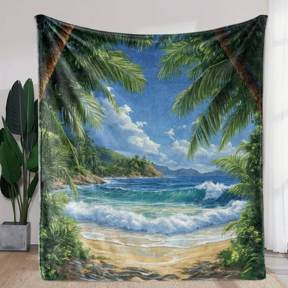 Vintage Tropical Beach Print Flannel Blanket Soft Cozy Throw with Palm Tree & Ocean Wave Design for Sofa Bed Car Office Camping & Travel